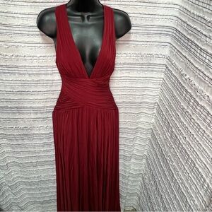 BCBG Max Azria Crimson Red  Deep V Open Back Ruched Waist Maxi Gown Size S NWT